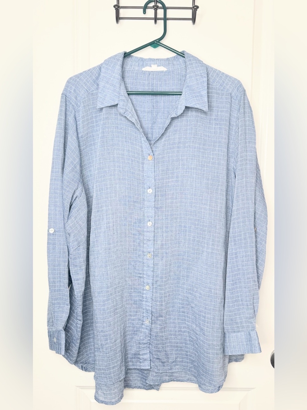 Jane + Delancey 2X Blue White Stripe Button Down Tunic Shirt Roll Tab Sleeves